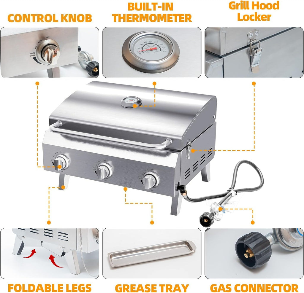 3‑Burner Portable Tabletop Propane Gas Grill