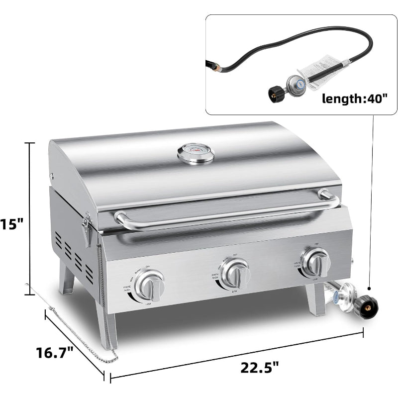 3‑Burner Portable Tabletop Propane Gas Grill