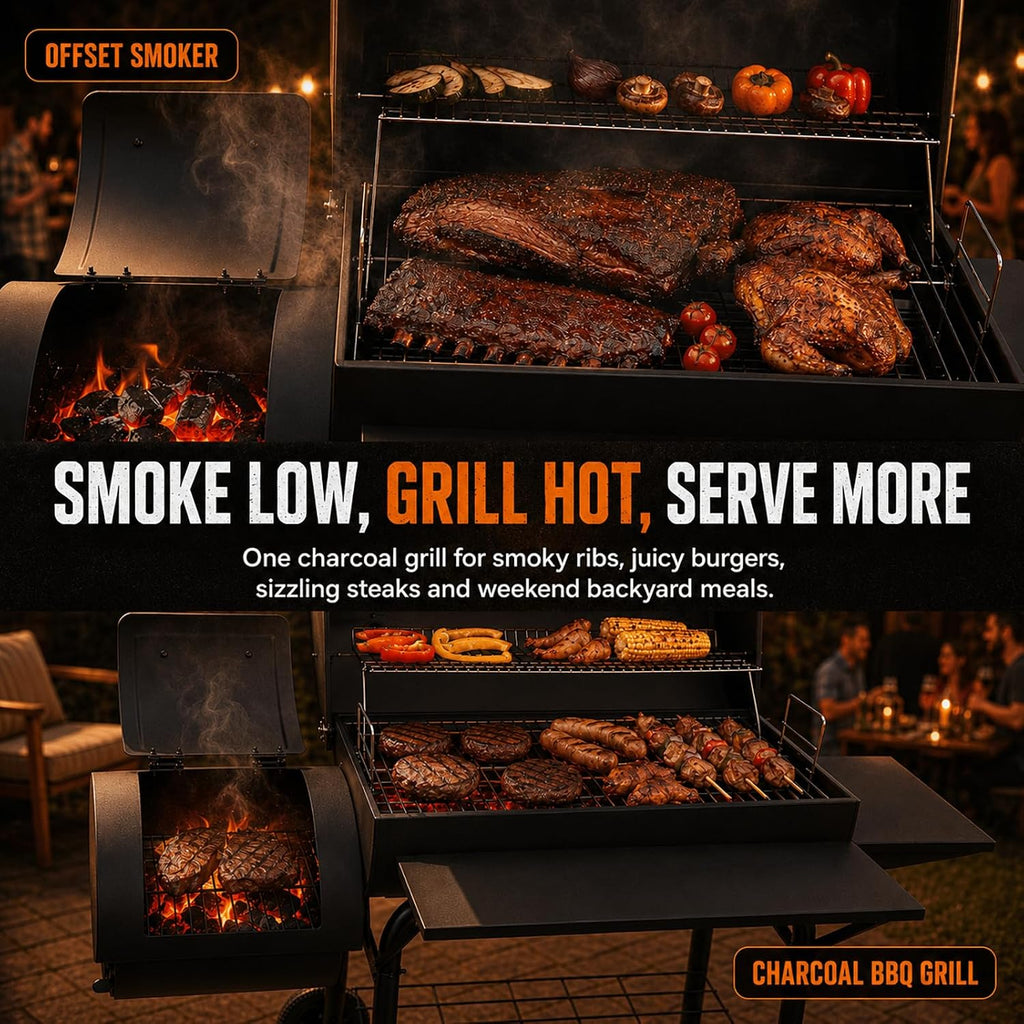 Barrel Charcoal Grill with Offset Smoker Combo