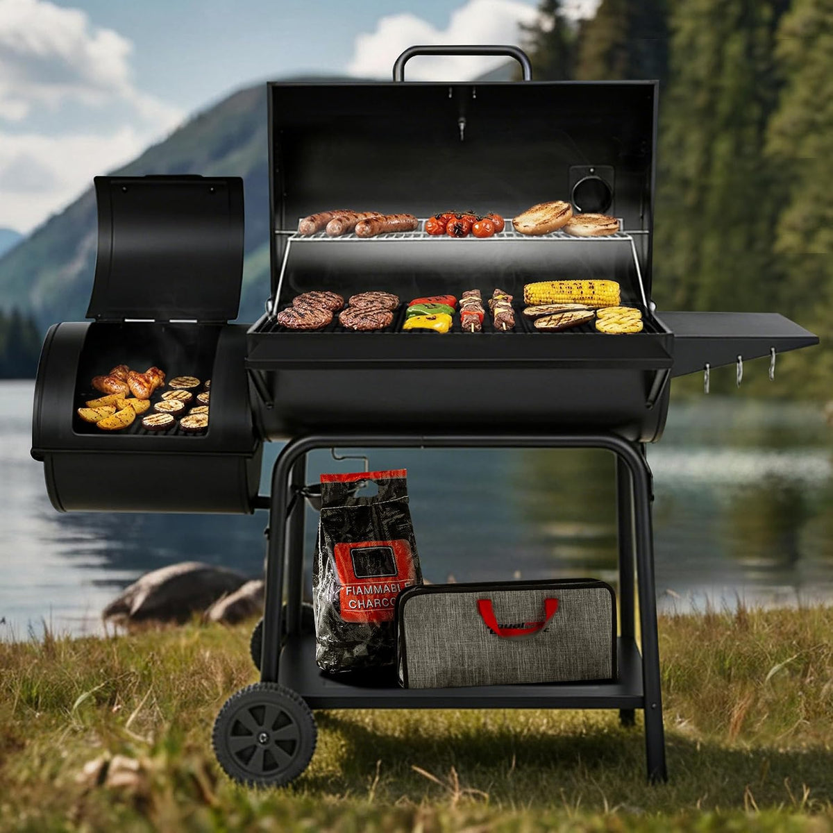 Black Barrel Charcoal Grill with Offset Smoker
