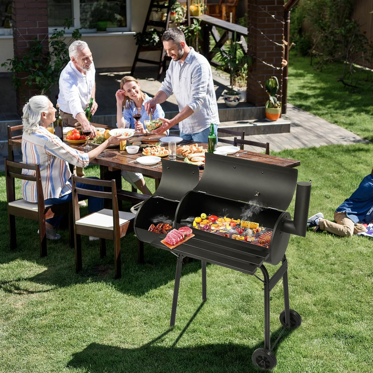 Large Barrel Charcoal Grill with Offset Smoker