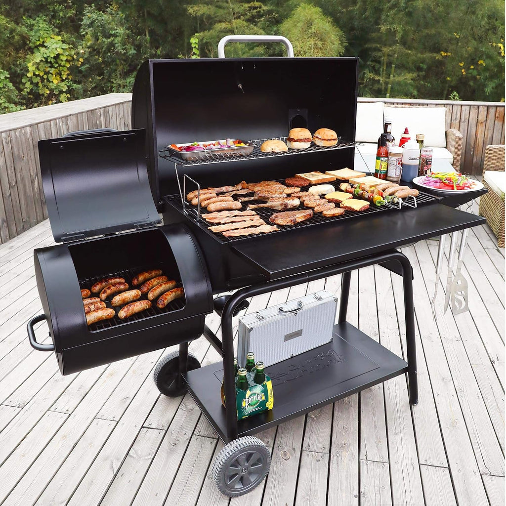 Black Barrel Charcoal Grill with Offset Smoker