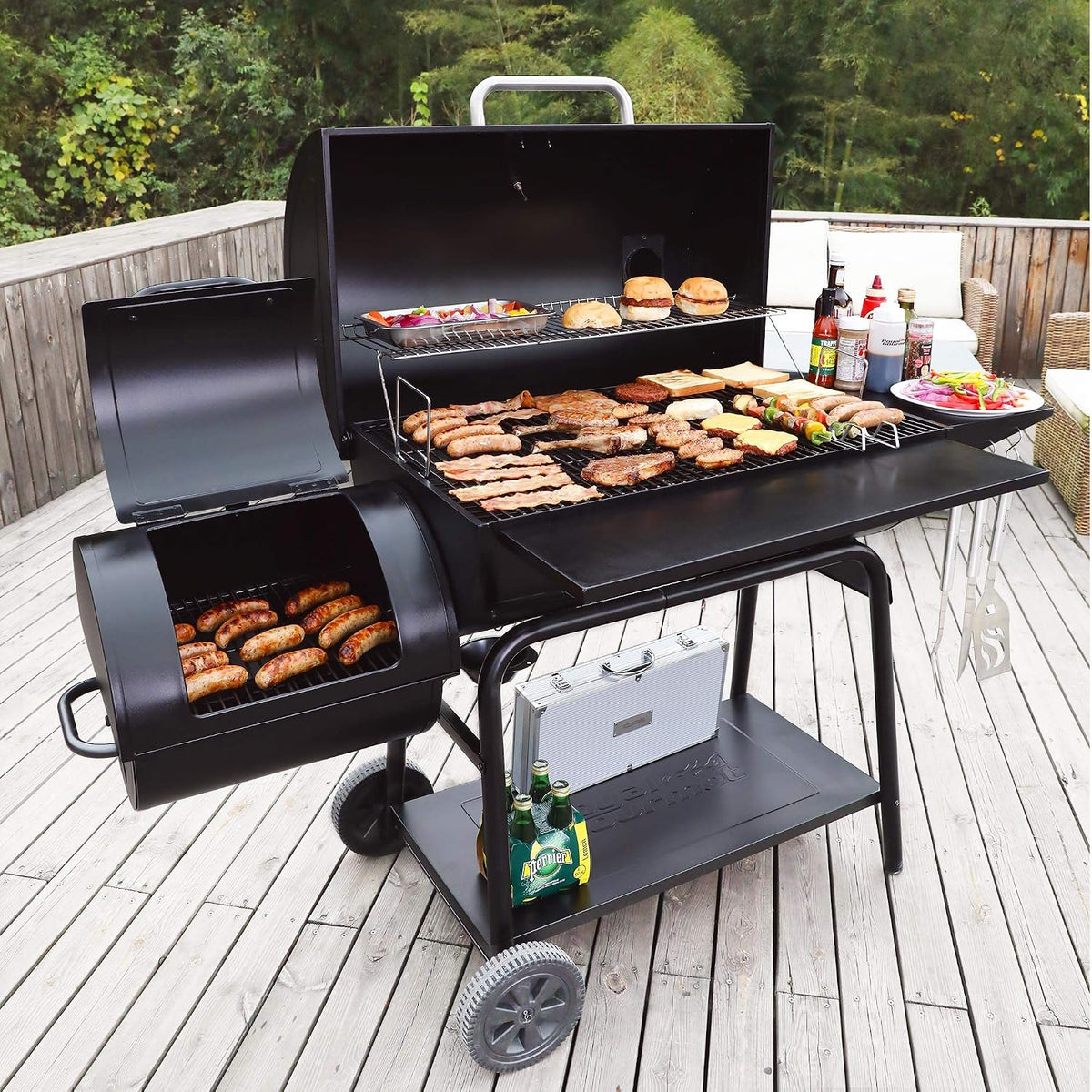 Black Barrel Charcoal Grill with Offset Smoker