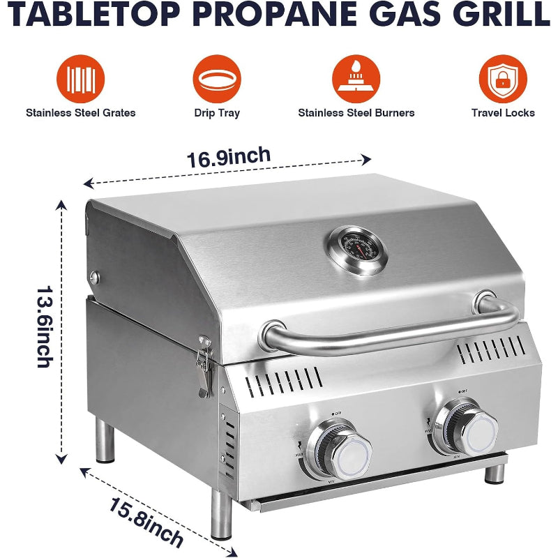 2‑Burner Portable Tabletop Propane Gas Grill