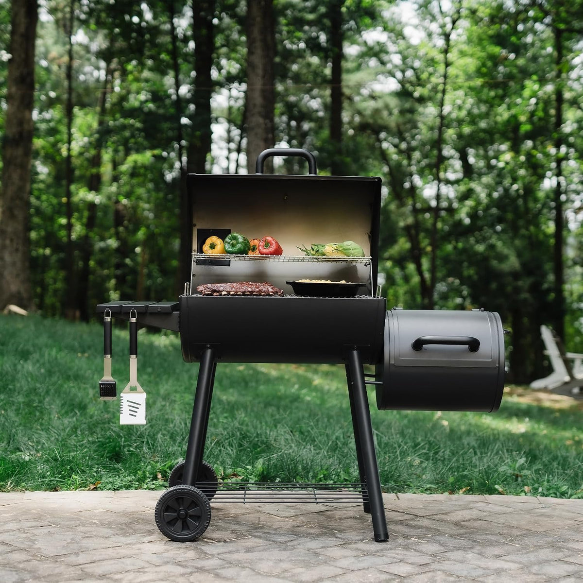 Black Charcoal Grill with Offset Smoker