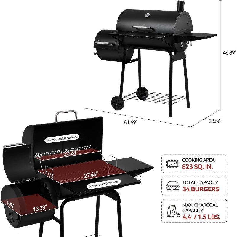 Barrel Charcoal Grill Offset Smoker with Cover