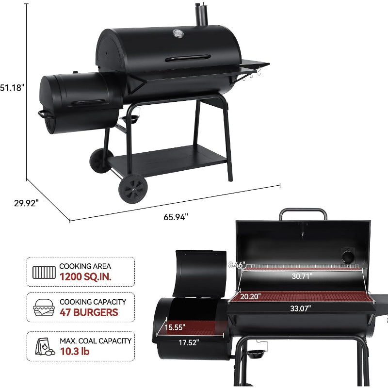 Black Barrel Charcoal Grill with Offset Smoker