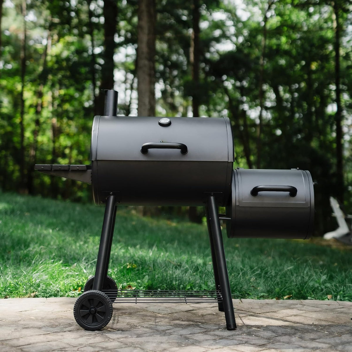 Black Charcoal Grill with Offset Smoker