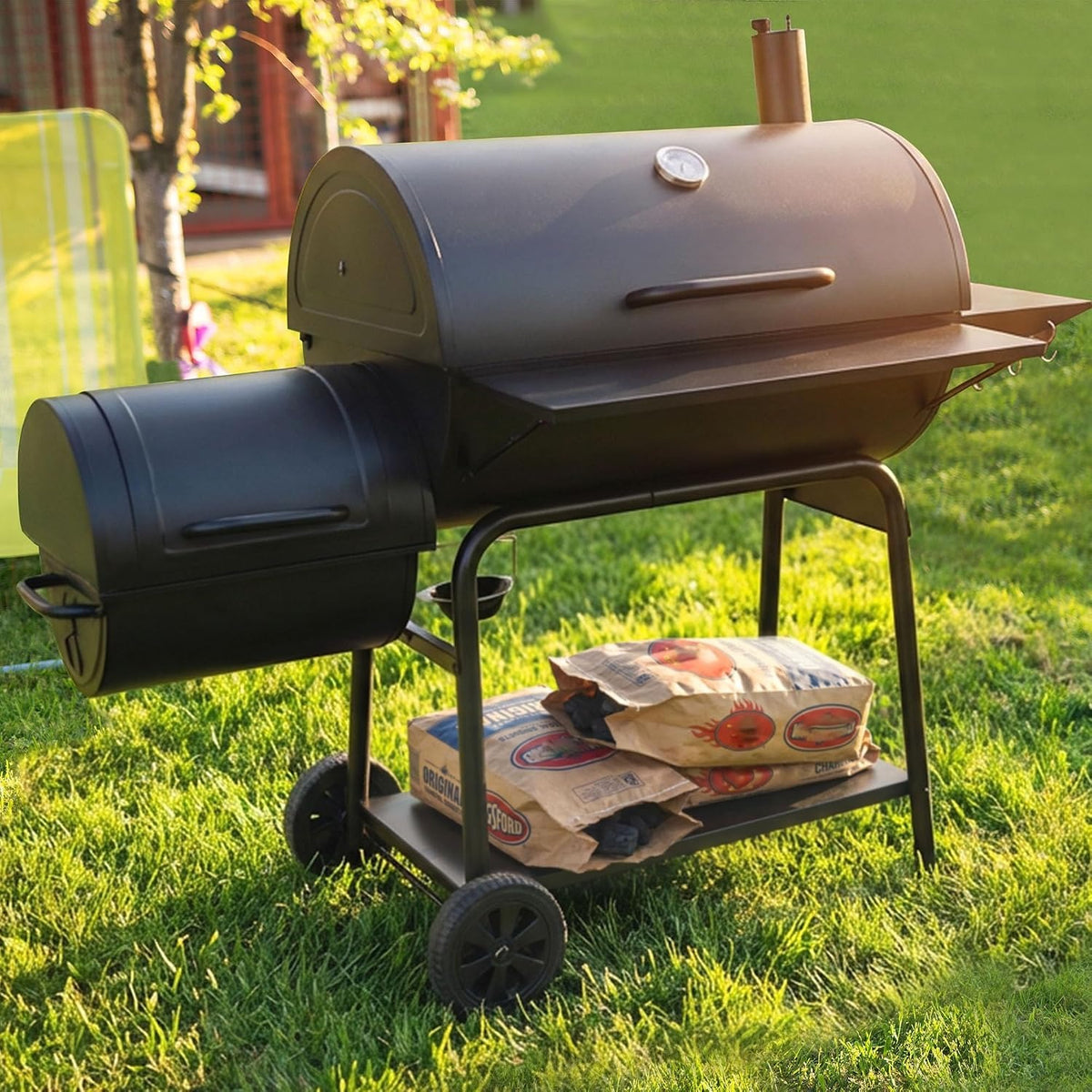 Black Barrel Charcoal Grill with Offset Smoker